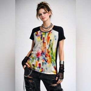 Zoe Abstract Art Top Sz S Black Stretch Split Sides Colorful Avant Garde Buttons